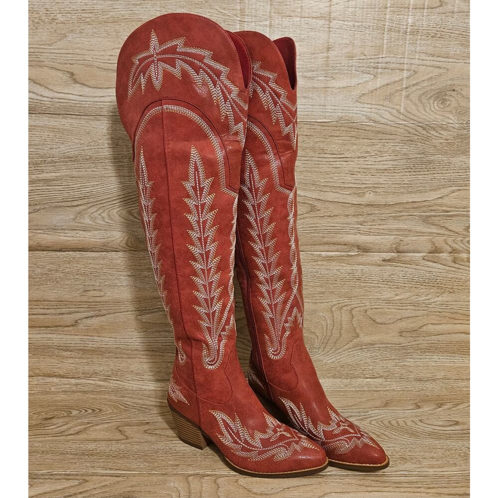 Western Cowboy Pointed Toe Block Heel Embroidery Over Knee Boots Womens Size 7.5 - Picture 3 of 9
